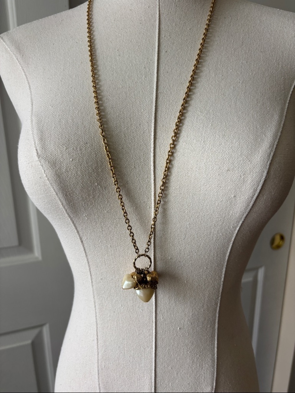 1928 Gold-tone Long Necklace with 5 heart pendants over 27”